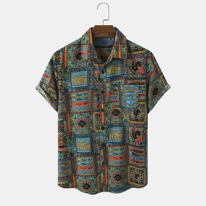 Buddha Stones Chemises d'été bohèmes vintage à manches courtes pour hommes, à boutons et à motifs géométriques. - Sarcelle - US/UK/AU44，EU54 (3XL) - image 0