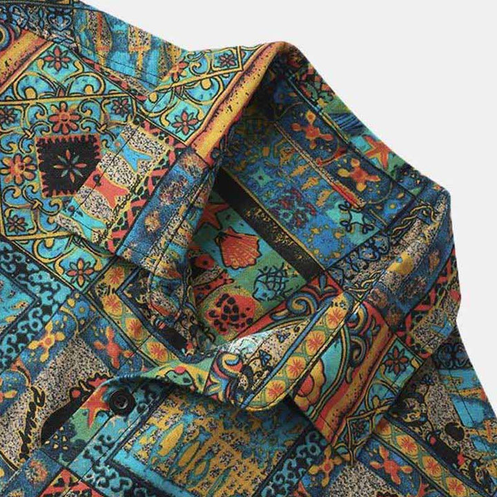 Buddha Stones Chemises d'été bohèmes vintage à manches courtes pour hommes, à boutons et à motifs géométriques. - image 2