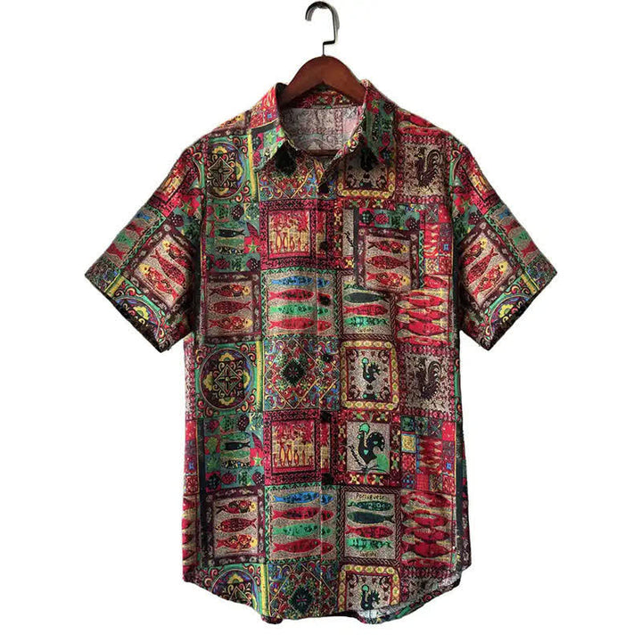Buddha Stones Chemises d'été bohèmes vintage à manches courtes pour hommes, à boutons et à motifs géométriques. - Cramoisi - US/UK/AU44，EU54 (3XL) - image 6