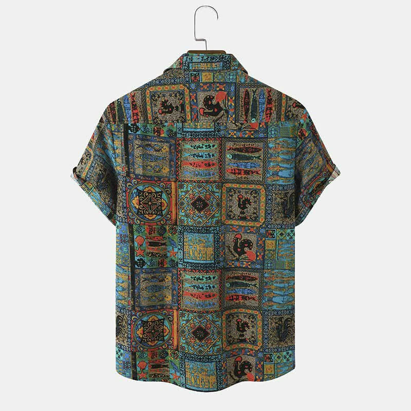 Buddha Stones Chemises d'été bohèmes vintage à manches courtes pour hommes, à boutons et à motifs géométriques. - image 1