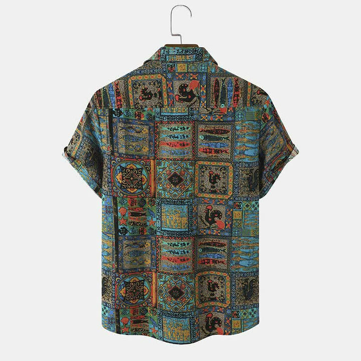Buddha Stones Chemises d'été bohèmes vintage à manches courtes pour hommes, à boutons et à motifs géométriques. - image 1