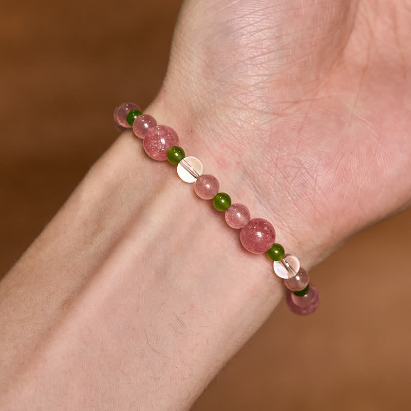 Buddha Stones Bracelet de guérison en quartz fraise, agate verte et quartz clair - image 9