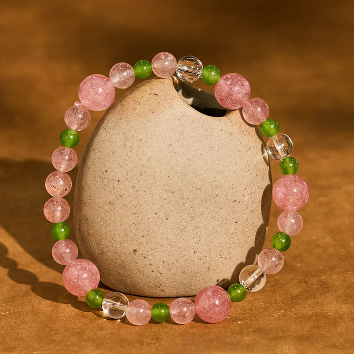 Buddha Stones Bracelet de guérison en quartz fraise, agate verte et quartz clair - Quartz fraise (Tour de poignet : 16–17 cm) - image 0