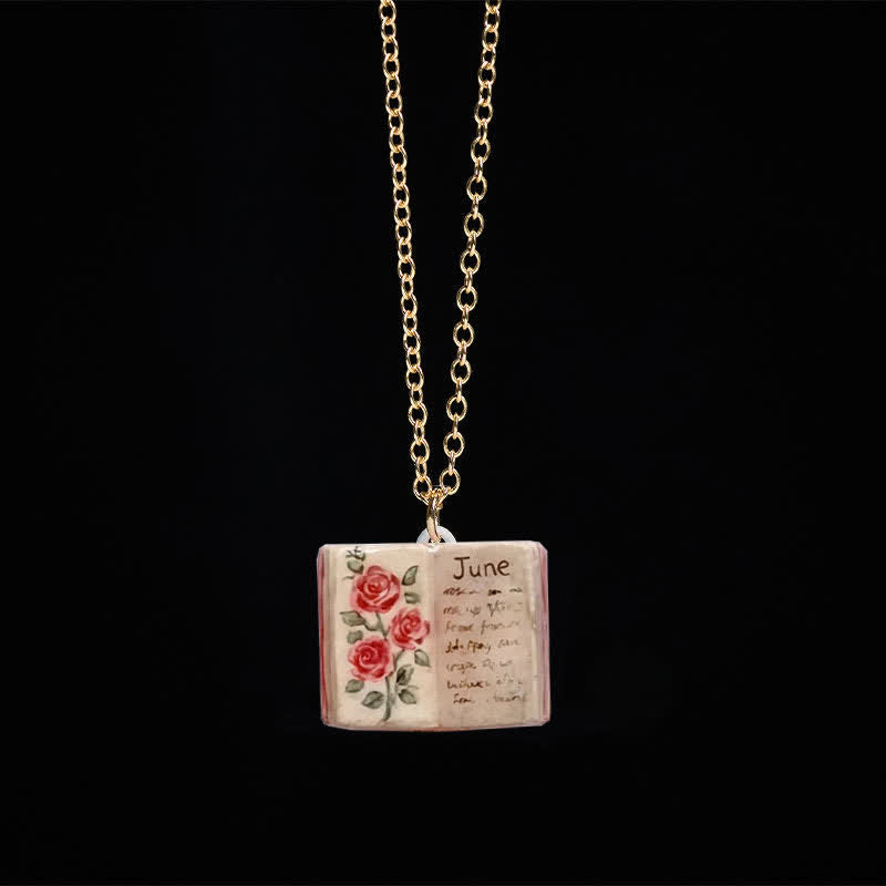 Buddha Stones Collier pendentif en cuivre avec fleur de naissance, motif livre fortifiant et équilibre - Rose - image 0