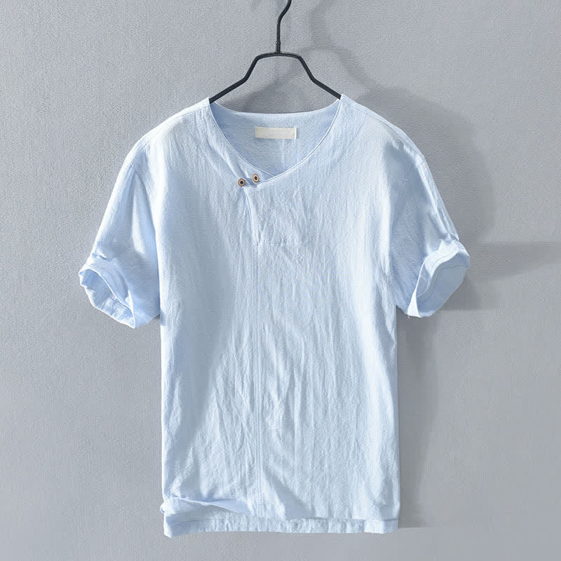 Buddha Stones Chemises d'été décontractées pour hommes, col en V asymétrique, boutonnées, manches courtes, unies - Bleu ciel clair - US/UK/AU44, EU54 (3XL) - image 4