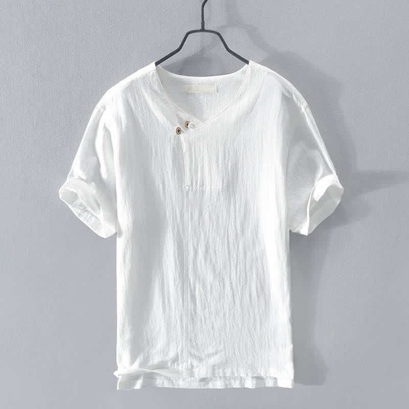 Buddha Stones Chemises d'été décontractées pour hommes, col en V asymétrique, boutonnées, manches courtes, unies - Blanc - US/UK/AU44, EU54 (3XL) - image 12