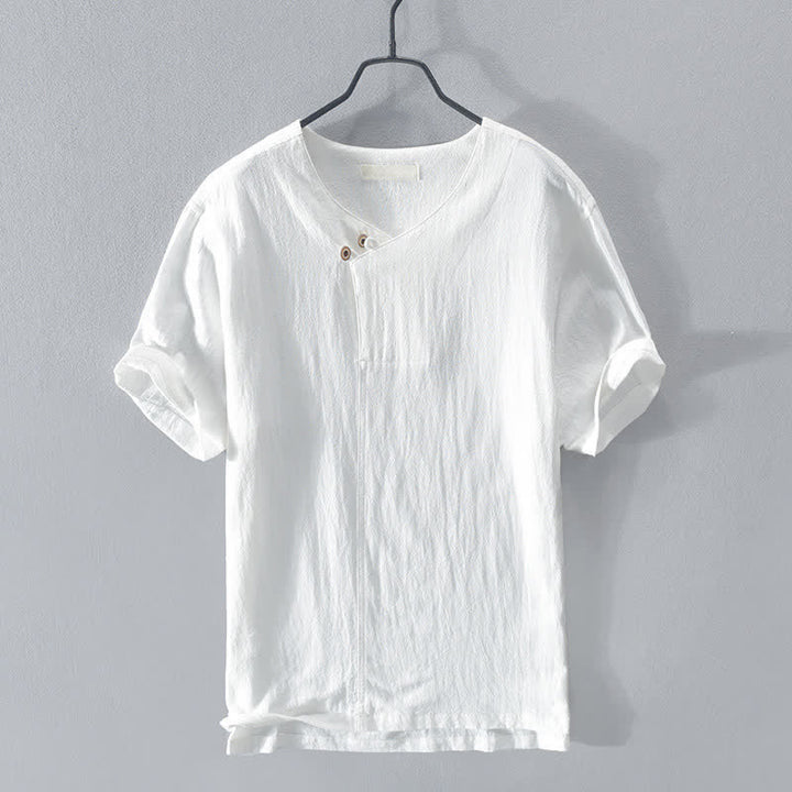 Buddha Stones Chemises d'été décontractées pour hommes, col en V asymétrique, boutonnées, manches courtes, unies - Blanc - US/UK/AU44, EU54 (3XL) - image 12