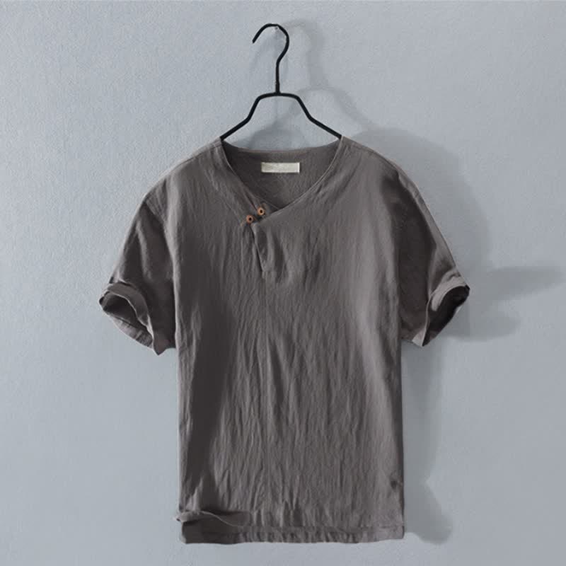 Buddha Stones Chemises d'été décontractées pour hommes, col en V asymétrique, boutonnées, manches courtes, unies - Gris sombre - US/UK/AU44, EU54 (3XL) - image 0