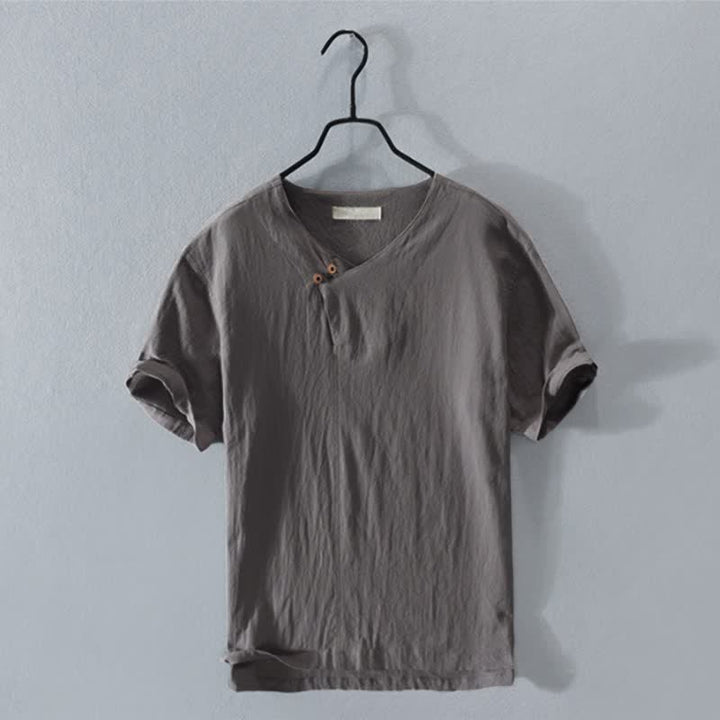 Buddha Stones Chemises d'été décontractées pour hommes, col en V asymétrique, boutonnées, manches courtes, unies - Gris sombre - US/UK/AU44, EU54 (3XL) - image 0