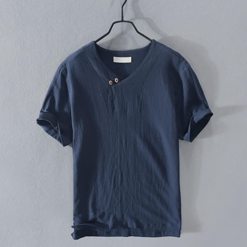 Buddha Stones Chemises d'été décontractées pour hommes, col en V asymétrique, boutonnées, manches courtes, unies - Bleu royal - US/UK/AU44, EU54 (3XL) - image 8