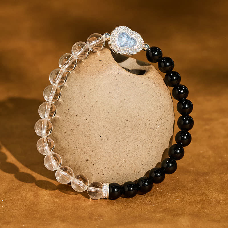 Buddha Stones Bracelet de clarté en calebasse de quartz clair et d'obsidienne noire - Quartz clair et obsidienne noire (tour de poignet : 14–15 cm) - image 10