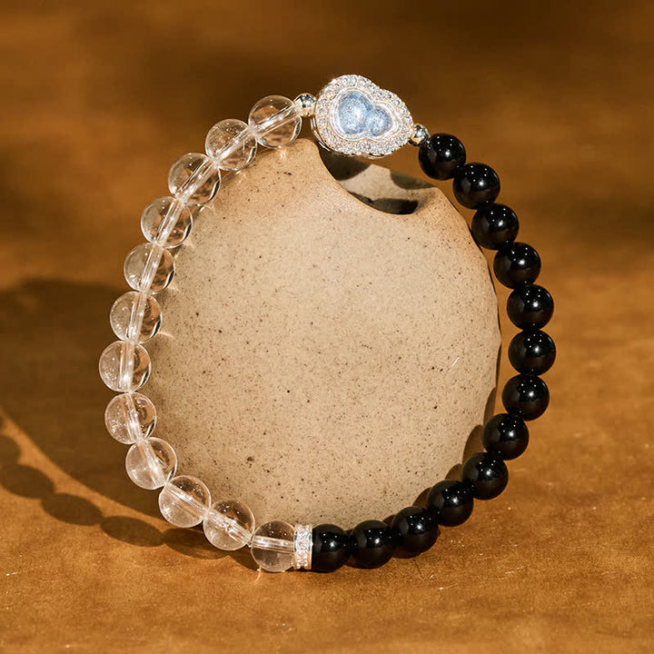 Buddha Stones Bracelet de clarté en calebasse de quartz clair et d'obsidienne noire - Quartz clair et obsidienne noire (tour de poignet : 14–15 cm) - image 10