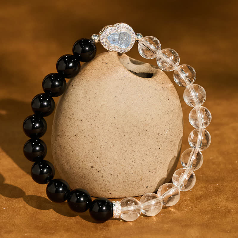 Buddha Stones Bracelet de clarté en calebasse de quartz clair et d'obsidienne noire - Quartz clair et obsidienne noire (tour de poignet : 15–16 cm) - image 0