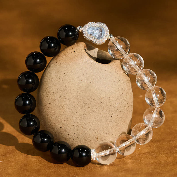 Buddha Stones Bracelet de clarté en calebasse de quartz clair et d'obsidienne noire - Quartz clair et obsidienne noire (tour de poignet : 16–17 cm) - image 17