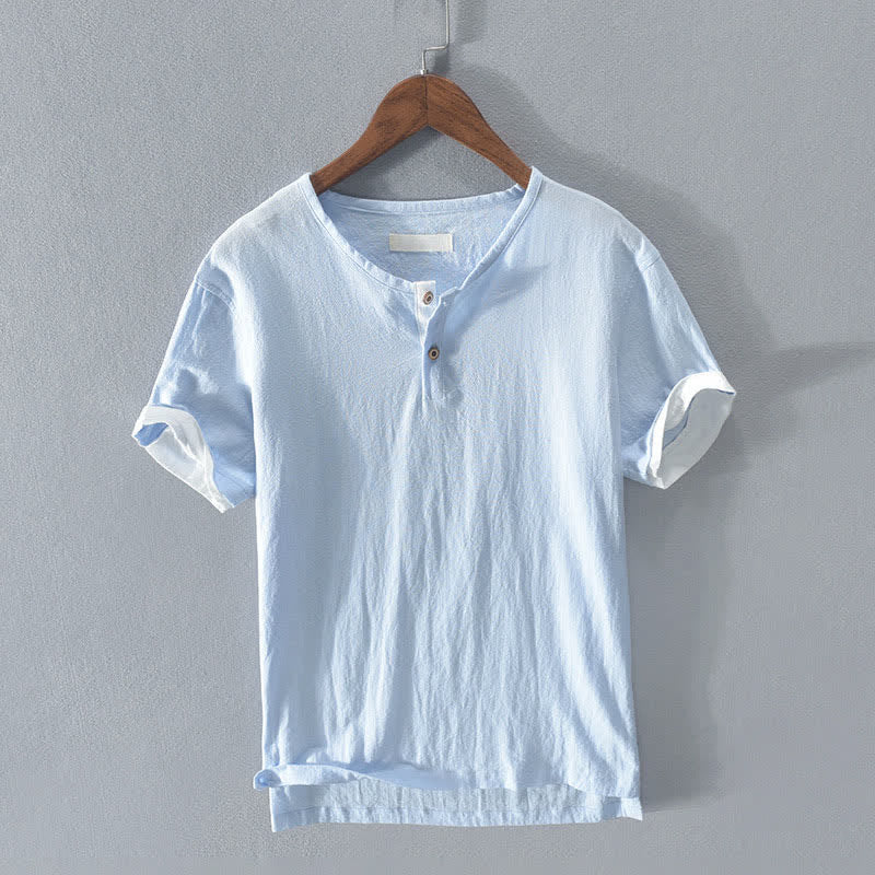 Buddha Stones Chemises d'été minimalistes décontractées à deux boutons pour hommes, en coton et lin unis, manches courtes. - Bleu ciel clair - US/UK/AU44, EU54 (3XL) - image 6