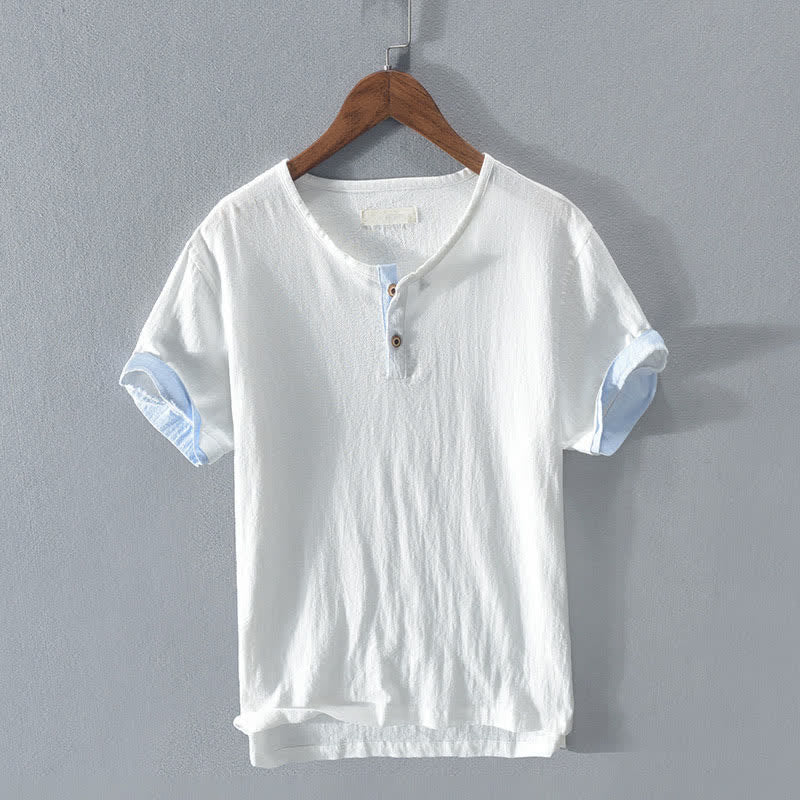 Buddha Stones Chemises d'été minimalistes décontractées à deux boutons pour hommes, en coton et lin unis, manches courtes. - Blanc - US/UK/AU44, EU54 (3XL) - image 10