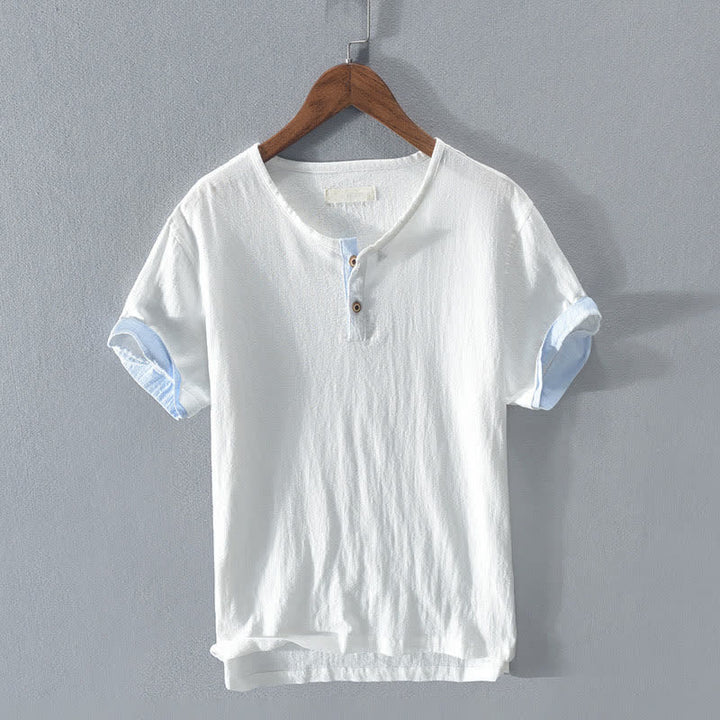 Buddha Stones Chemises d'été minimalistes décontractées à deux boutons pour hommes, en coton et lin unis, manches courtes. - Blanc - US/UK/AU44, EU54 (3XL) - image 10