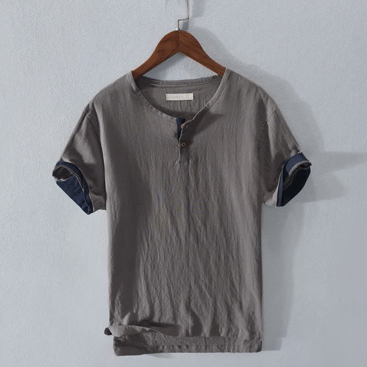 Buddha Stones Chemises d'été minimalistes décontractées à deux boutons pour hommes, en coton et lin unis, manches courtes. - Gris - US/UK/AU44, EU54 (3XL) - image 0