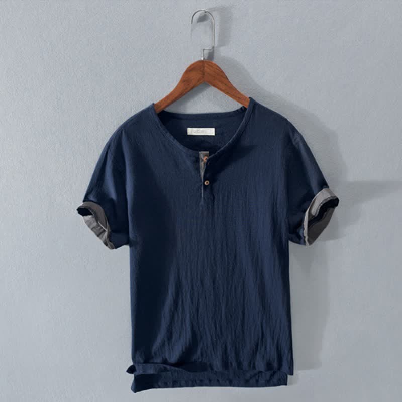 Buddha Stones Chemises d'été minimalistes décontractées à deux boutons pour hommes, en coton et lin unis, manches courtes. - Bleu nuit - US/UK/AU44, EU54 (3XL) - image 5