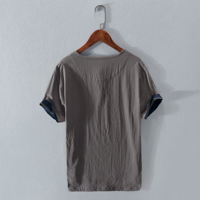 Buddha Stones Chemises d'été minimalistes décontractées à deux boutons pour hommes, en coton et lin unis, manches courtes. - image 1