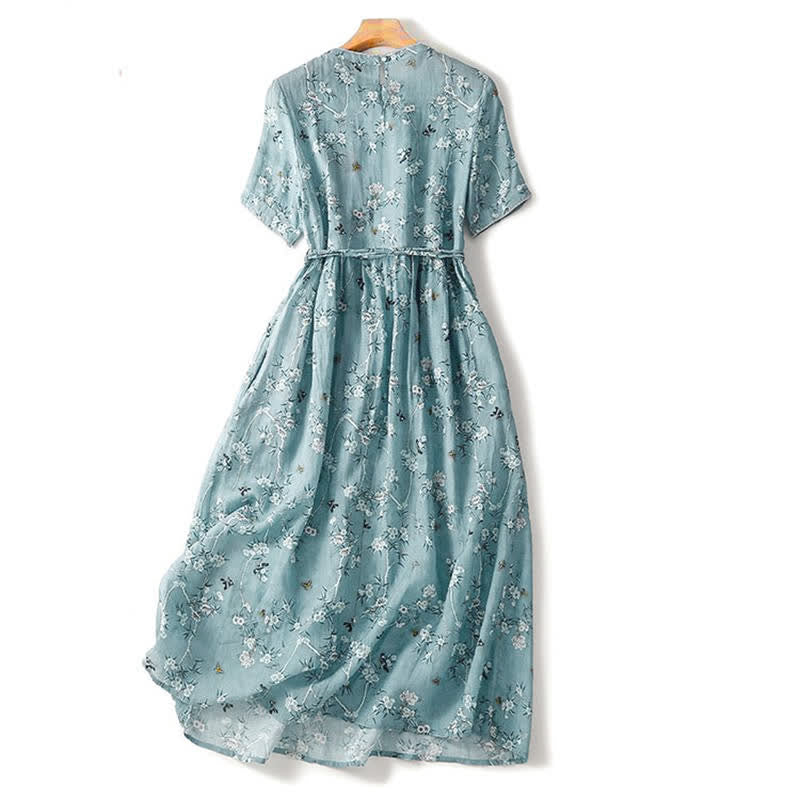 Buddha Stones Robe d'été décontractée vintage à cordon de serrage bleu floral à manches courtes pour femme - image 1