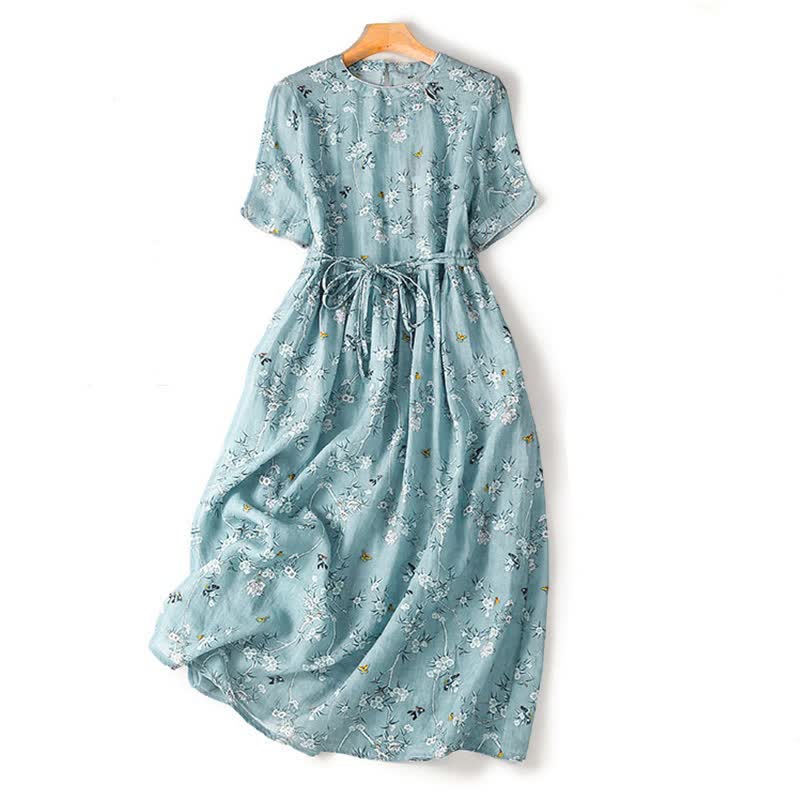 Buddha Stones Robe d'été décontractée vintage à cordon de serrage bleu floral à manches courtes pour femme - Bleu poudré - US12, UK/AU16, EU44 (2XL) - image 0