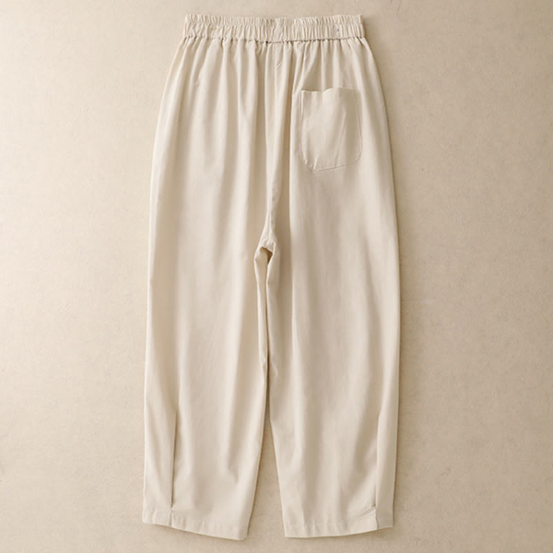 Buddha Stones Pantalon sarouel court uni à boutons décoratifs, style printemps-été décontracté, avec poches. - image 1