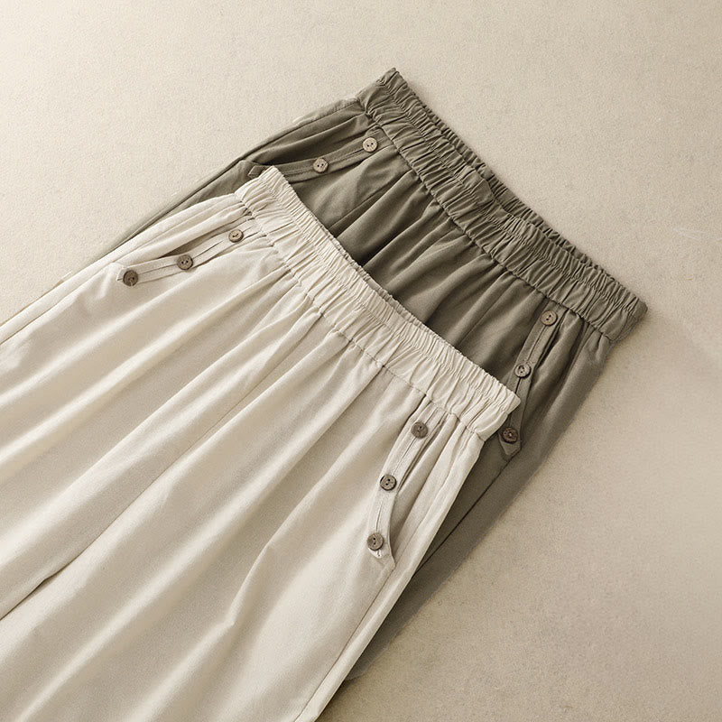 Buddha Stones Pantalon sarouel court uni à boutons décoratifs, style printemps-été décontracté, avec poches. - image 17