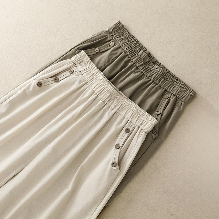 Buddha Stones Pantalon sarouel court uni à boutons décoratifs, style printemps-été décontracté, avec poches. - image 17