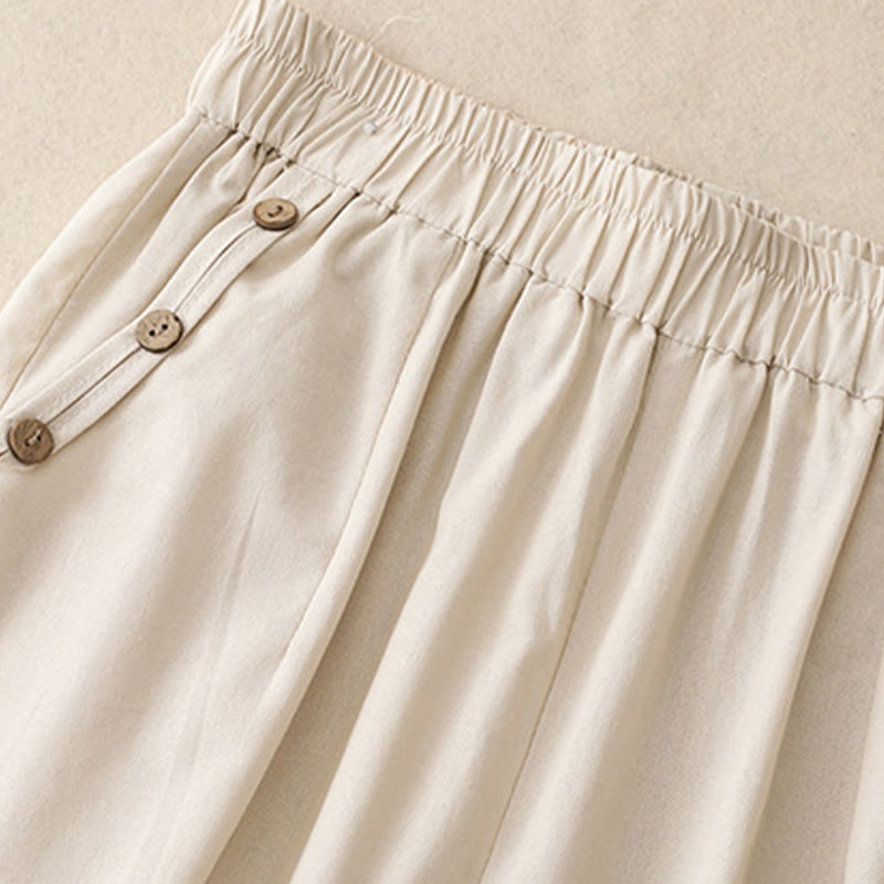 Buddha Stones Pantalon sarouel court uni à boutons décoratifs, style printemps-été décontracté, avec poches. - image 2