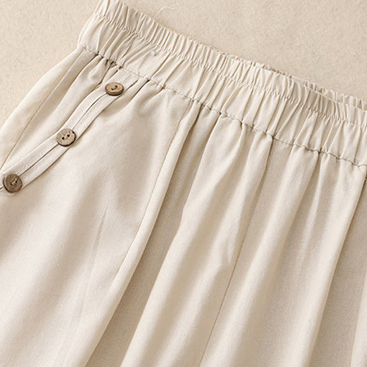 Buddha Stones Pantalon sarouel court uni à boutons décoratifs, style printemps-été décontracté, avec poches. - image 2