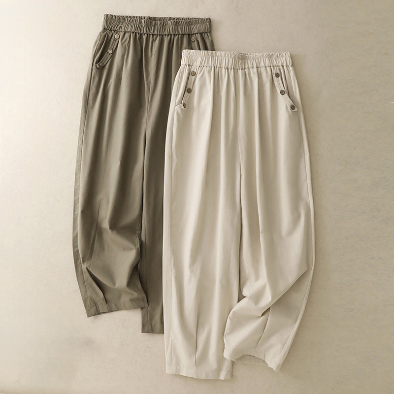 Buddha Stones Pantalon sarouel court uni à boutons décoratifs, style printemps-été décontracté, avec poches. - image 15