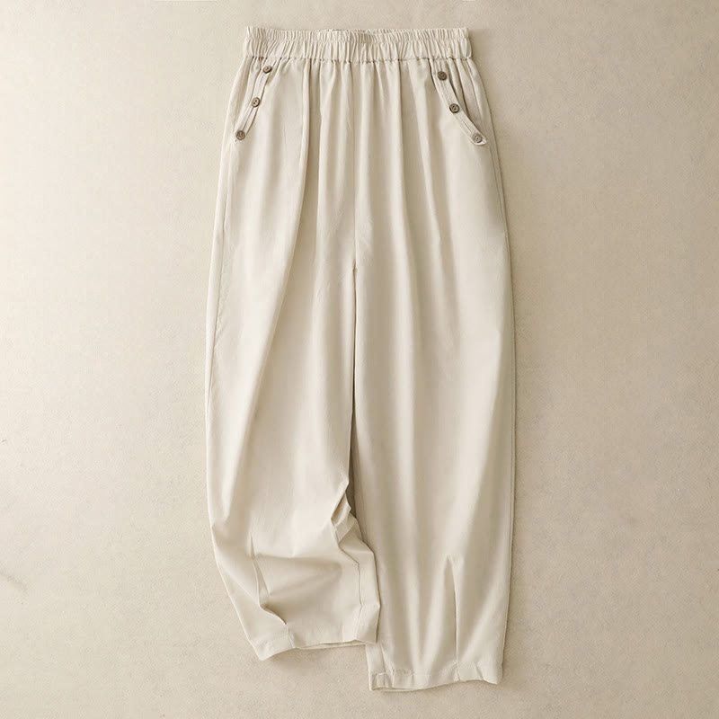 Buddha Stones Pantalon sarouel court uni à boutons décoratifs, style printemps-été décontracté, avec poches. - Beige - US12, UK/AU16, EU44 (2XL) - image 0