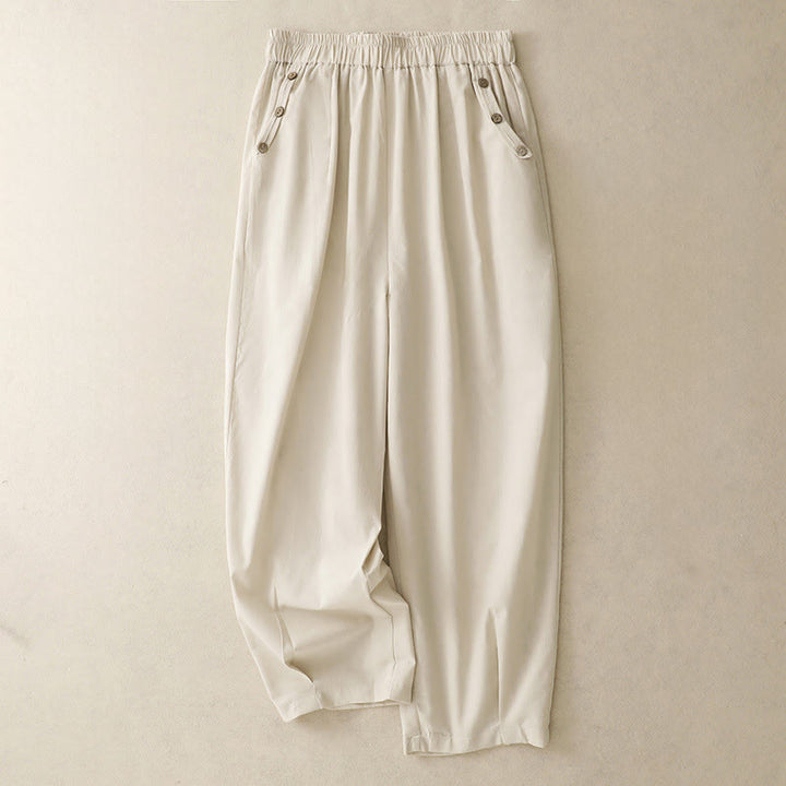 Buddha Stones Pantalon sarouel court uni à boutons décoratifs, style printemps-été décontracté, avec poches. - Beige - US12, UK/AU16, EU44 (2XL) - image 0
