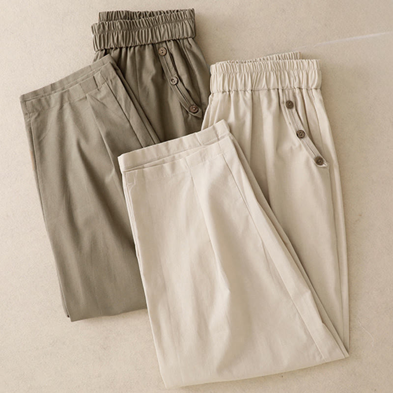 Buddha Stones Pantalon sarouel court uni à boutons décoratifs, style printemps-été décontracté, avec poches. - image 16