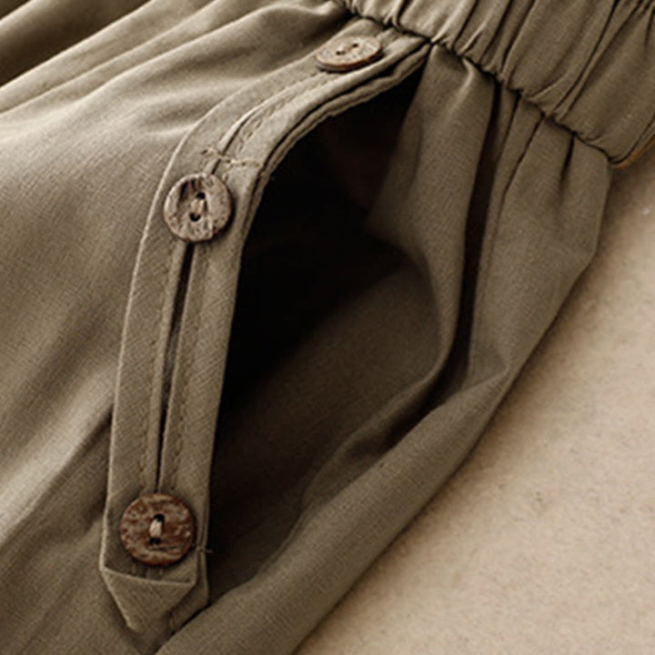 Buddha Stones Pantalon sarouel court uni à boutons décoratifs, style printemps-été décontracté, avec poches. - image 12