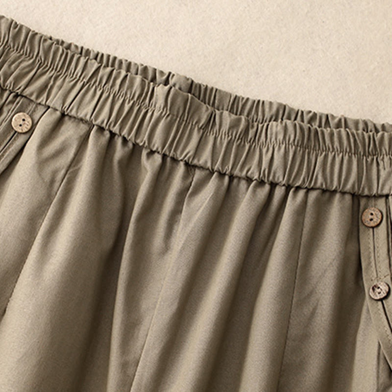 Buddha Stones Pantalon sarouel court uni à boutons décoratifs, style printemps-été décontracté, avec poches. - image 11