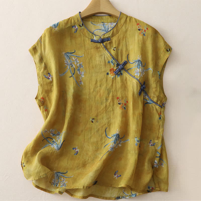 Buddha Stones Débardeur d'été style Tang vintage à boutons grenouille et fleurs d'orchidées pour femme - Pérou - Sans manches - US12，UK/AU16，EU44 (2XL) - image 0