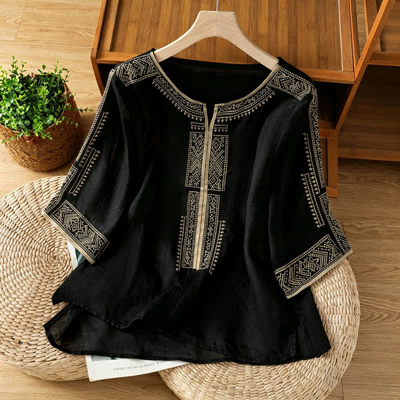 Buddha Stones T-shirts à manches courtes pour femmes, style bohème décontracté, broderie géométrique - Noir - US8-10, UK/AU12-14, EU40-42 (2XL) - image 0