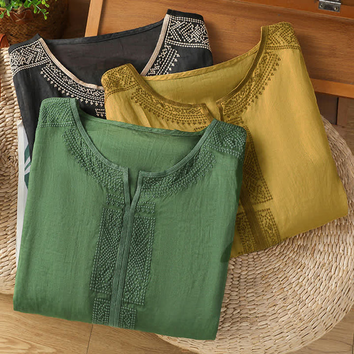 Buddha Stones T-shirts à manches courtes pour femmes, style bohème décontracté, broderie géométrique - image 22