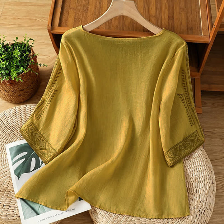 Buddha Stones T-shirts à manches courtes pour femmes, style bohème décontracté, broderie géométrique - image 13