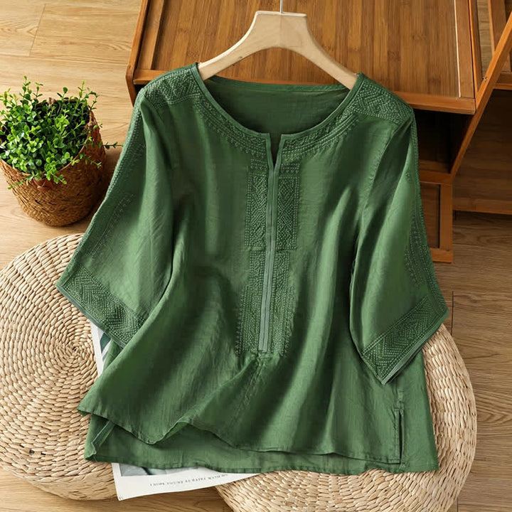 Buddha Stones T-shirts à manches courtes pour femmes, style bohème décontracté, broderie géométrique - Vert olive foncé - US8-10, UK/AU12-14, EU40-42 (2XL) - image 6