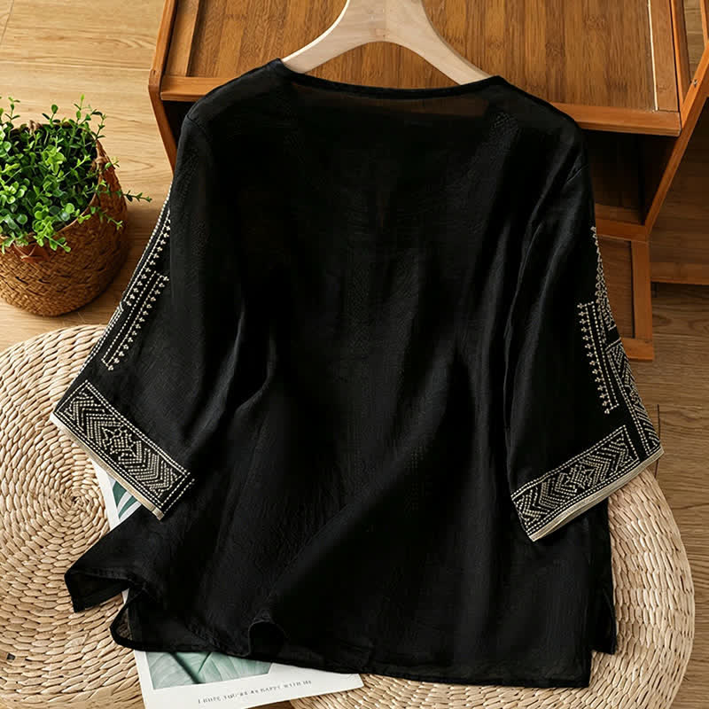 Buddha Stones T-shirts à manches courtes pour femmes, style bohème décontracté, broderie géométrique - image 1
