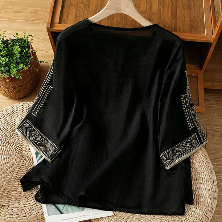 Buddha Stones T-shirts à manches courtes pour femmes, style bohème décontracté, broderie géométrique - image 1