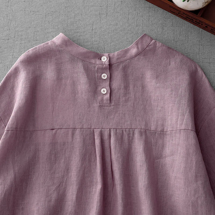 Buddha Stones T-shirts d'été minimalistes et décontractés pour femmes, à manches courtes, boutonnés au dos et poches avant. - image 3