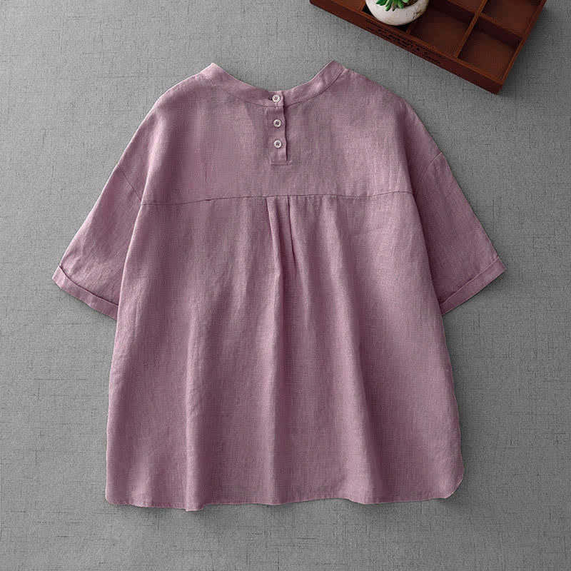 Buddha Stones T-shirts d'été minimalistes et décontractés pour femmes, à manches courtes, boutonnés au dos et poches avant. - image 1