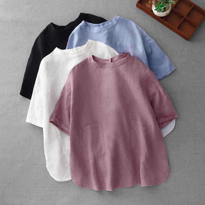 Buddha Stones T-shirts d'été minimalistes et décontractés pour femmes, à manches courtes, boutonnés au dos et poches avant. - image 29