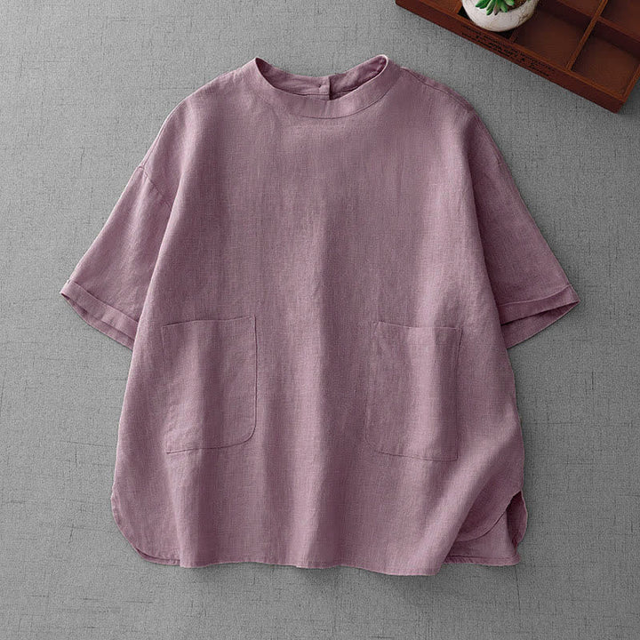 Buddha Stones T-shirts d'été minimalistes et décontractés pour femmes, à manches courtes, boutonnés au dos et poches avant. - Chardon - US14, UK/AU18, EU46 (2XL) - image 0
