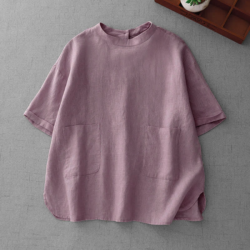 Buddha Stones T-shirts d'été minimalistes et décontractés pour femmes, à manches courtes, boutonnés au dos et poches avant. - Chardon - US14, UK/AU18, EU46 (2XL) - image 0