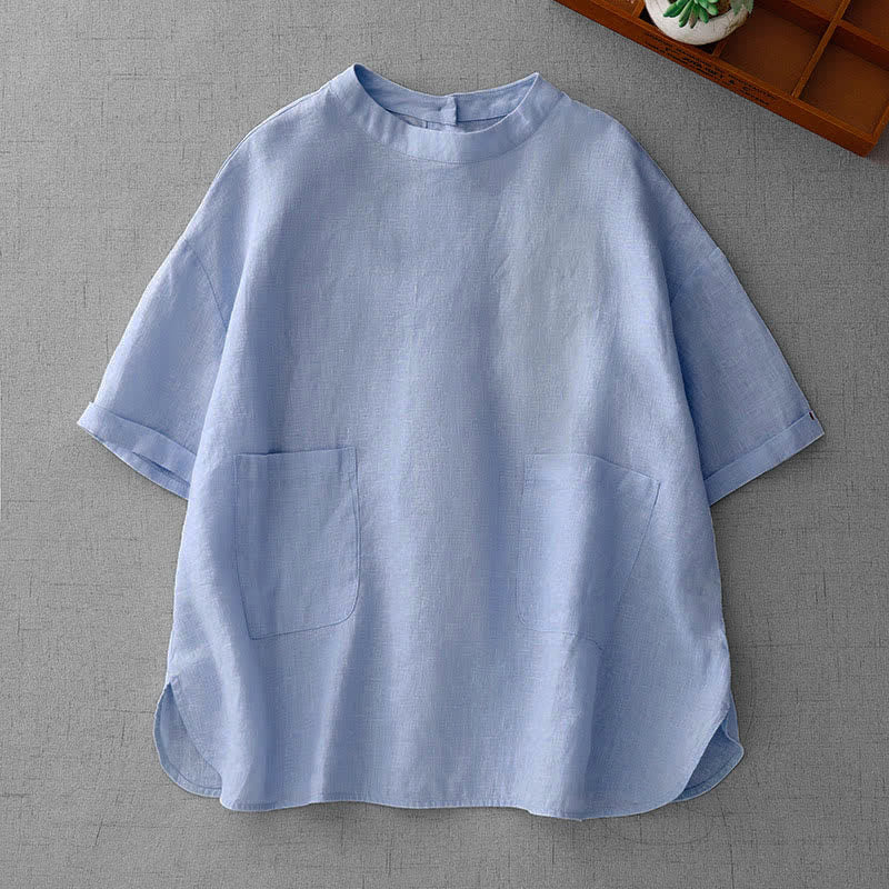 Buddha Stones T-shirts d'été minimalistes et décontractés pour femmes, à manches courtes, boutonnés au dos et poches avant. - Bleu acier clair - US14, UK/AU18, EU46 (2XL) - image 10